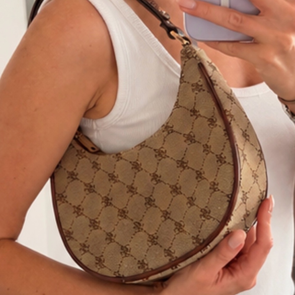 Mango Beige Brown Monogram Jacquard Crescent Shoulder Bag